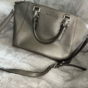 Michael Kors Silver Gray Leather Crossbody Large Handbag